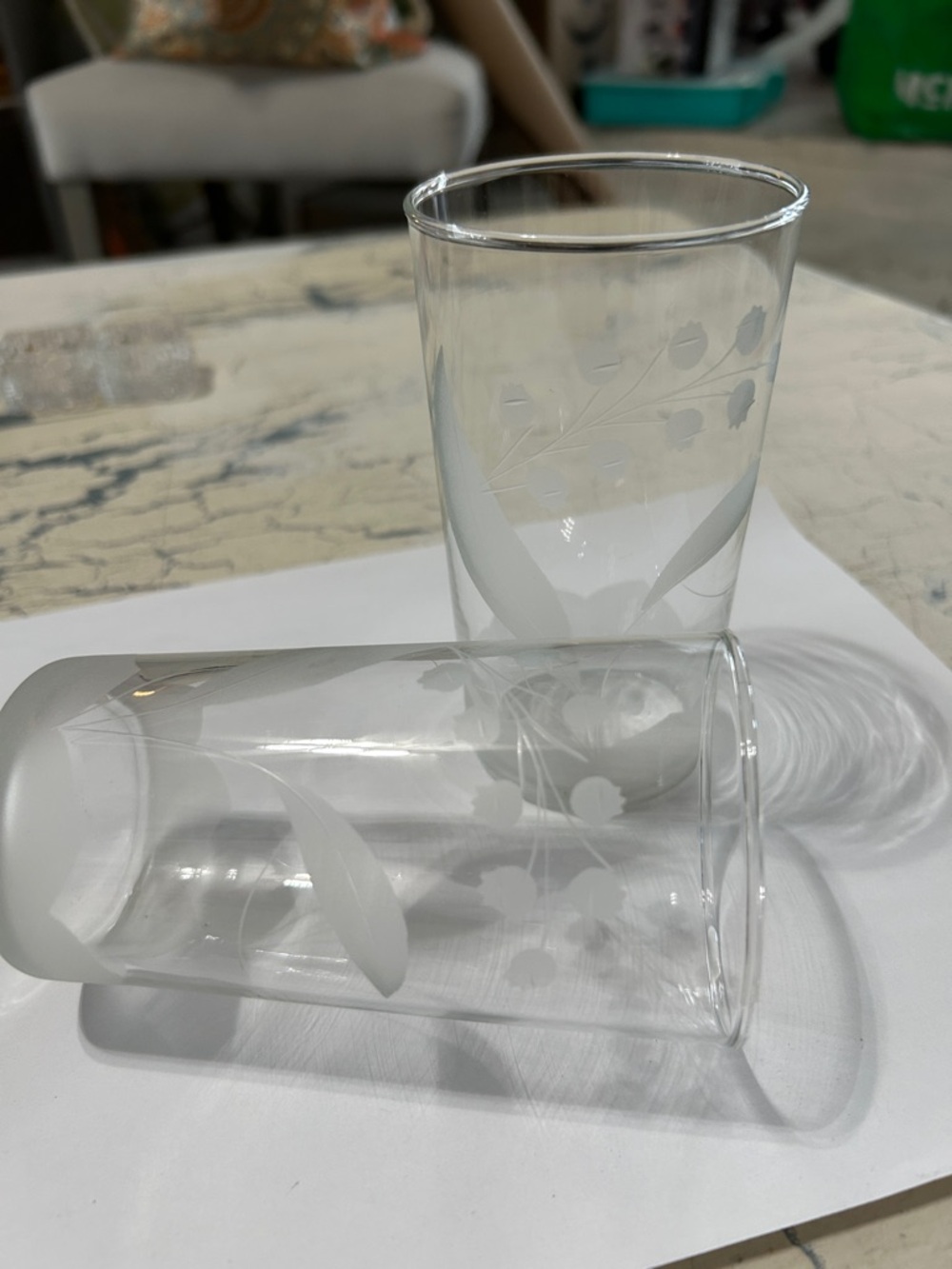 Vintage Etched Floral Clear Glass Tumbler Pair